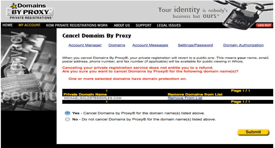 NameCat Domain Privacy Removal Confirmation