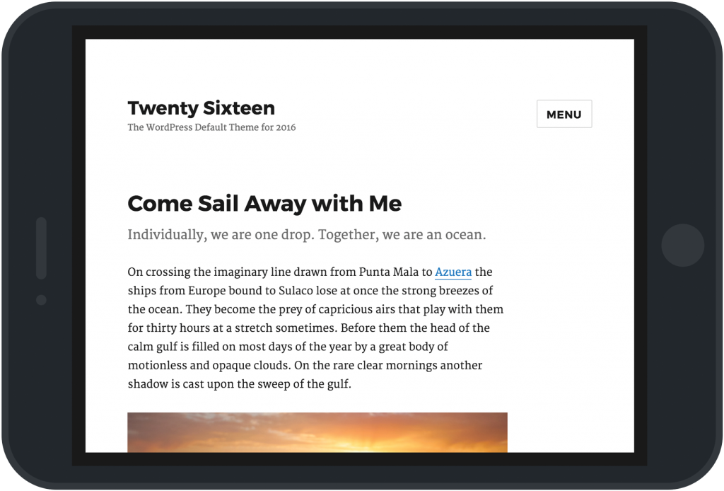 A screenshot of new WordPress default theme-Twenty Sixteen set in an iPad frame