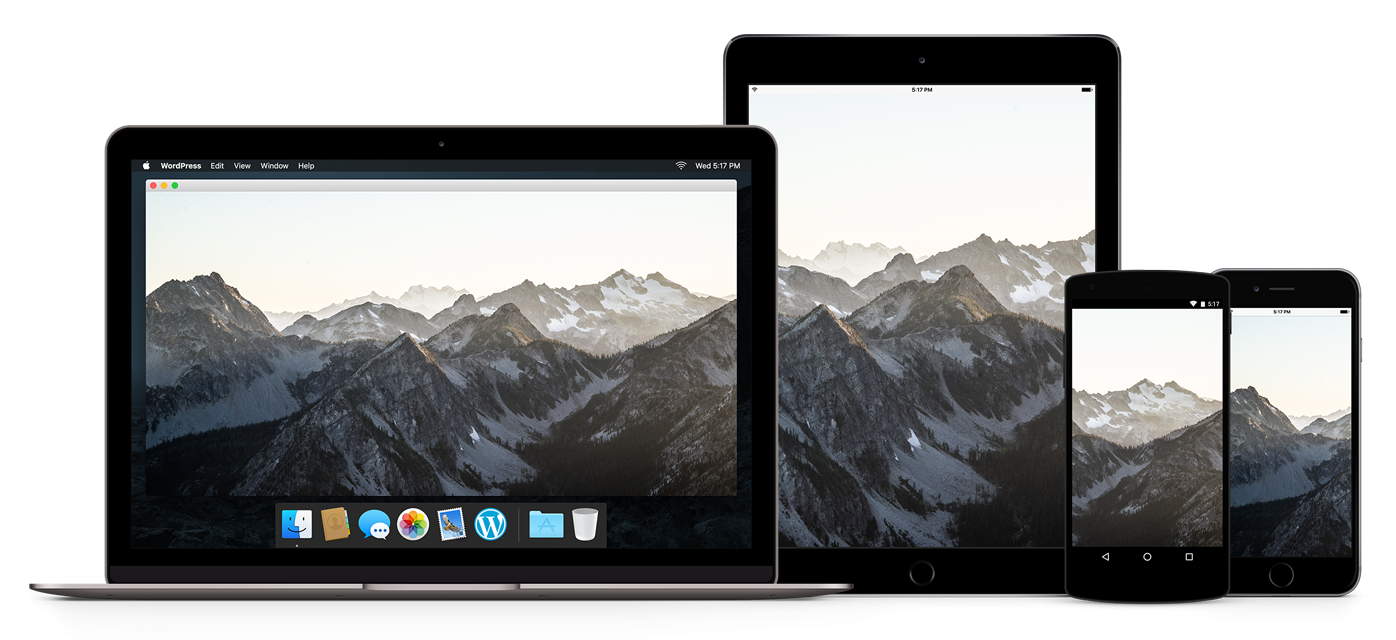 An image of a laptop, iPad, Android phone, and iPhone containing the same image displayed at multiple sizes to demonstrate new responsive image features in WordPress 4.4