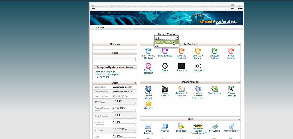 cPanel theme switch to Paper Lantern