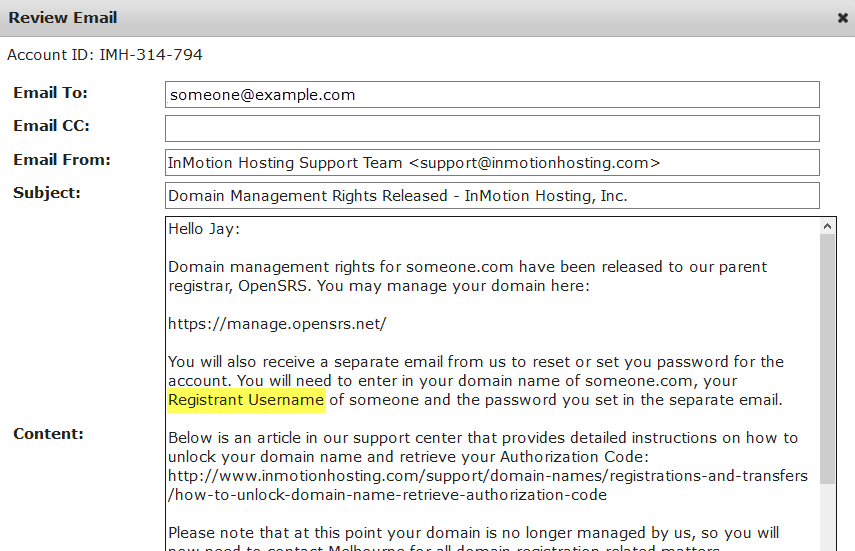 InMotion Domain Verification Email OpenSRS