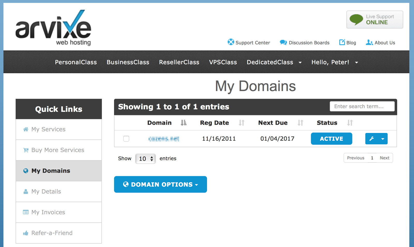Arvixe Billing Portal Domains Section