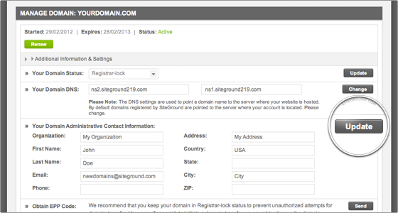 SiteGround Domains Change Administrative Information